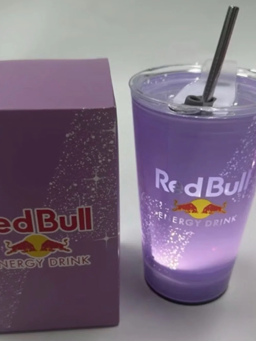 Red Bull liquid activated cup with lid and straw. Your choice of color.